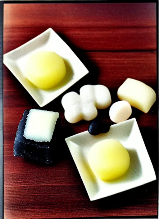 Image similar to realistic photo of japanese mochi candies sweets, black and white, on a square wooden plate 1 9 9 0, life magazine photo