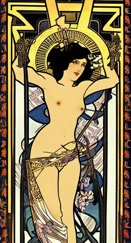 Image similar to a tarot card of death with a scythe, illustrated in an art deco style by tamara de lempika and an elegant border by alphonse mucha.