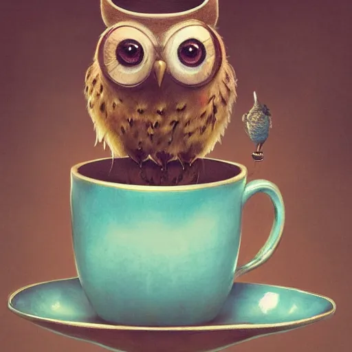 Prompt: long shot of a very cute young owl sitting in very beautiful cup, by esao andrews, by james jean, marc simonetti, by victo ngai, humorous illustration, hyperrealistic, big depth of field, fresh colors, dim light, 3 d octane render conceptart, 4 k, hyperdetailed, trending on artstation