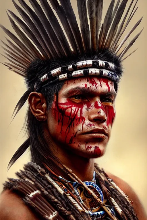 Image similar to head and shoulders portrait of a tupi guarani warrior, male, blood, indigenous war face painting, high fantasy, dnd, by wlop, luis royo, artgerm