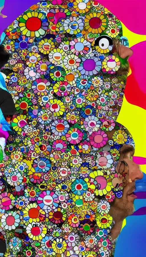 Prompt: a digital collage of a man's face surrounded by colorful objects, a digital rendering by takashi murakami, behance contest winner, neo - dada, maximalist, glitch art, fractalism