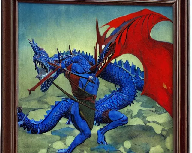 Image similar to knight in blue armor, fighting a large red dragon, by n. c. wyeth, high detail,