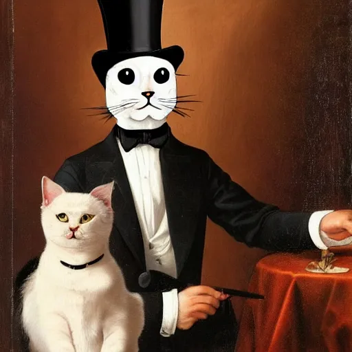 Image similar to a cat wearing a tuxedo a top hat and a monocle, renaissance painting, portrait, highly detailed