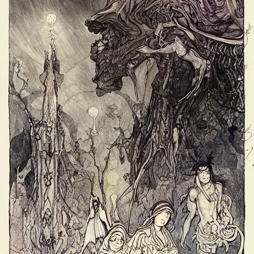 Image similar to terrible eyes from another world look out of the darkness, fabulous illustrations, oil painting, symmetric, elegant, illustrations by irish fairy tales james stephens arthur rackham, 4k, 8k ,