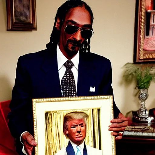 Prompt: Donald Trump holding a picture of Snoop Dogg for a 1990s sitcom tv show, Studio Photograph, portrait C 12.0