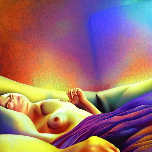 Image similar to Surreal painting depicting drifting off in to sleep, wake initiated lucid dream, digital art, beautiful colours, amazing composition, astonishing detail, smooth lines, award winning