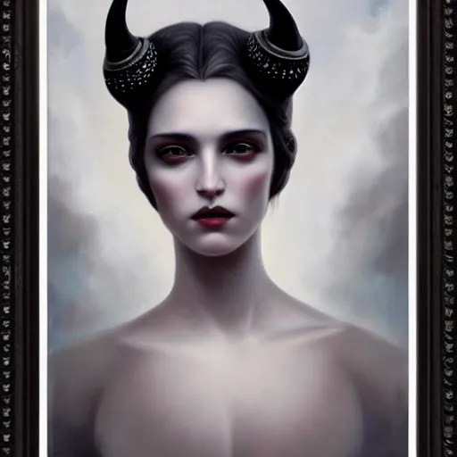 Prompt: By Tom Bagshaw, ultra realist soft painting of curiosities by night, very beautiful horned single female in long gothic dress glass sphere, symmetry accurate features, very intricate details, omnious sky, black and white, volumetric light clouds