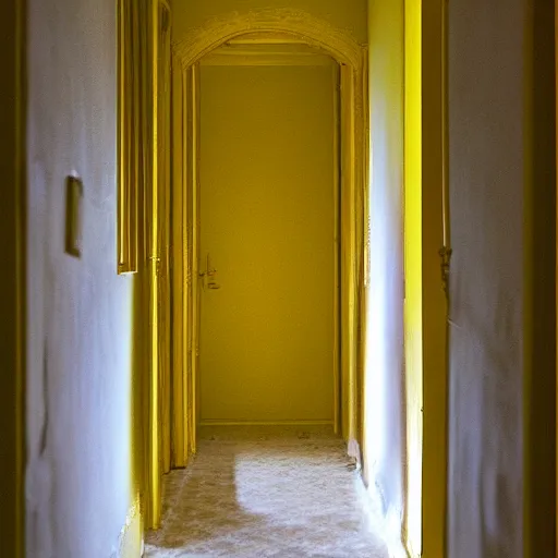 Prompt: corridors that go on forever, yellow wallpaper