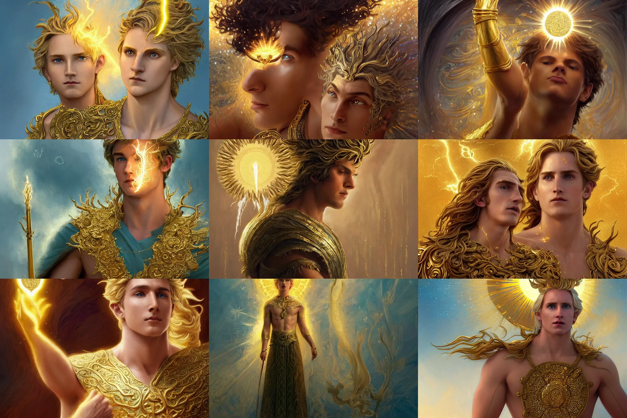 Prompt: young male god of sun, gold hair, gold eyes, tanned skin, casting a lightening spell, Frozen II movie still, movie screen shot, fantasy, intricate, elegant, highly detailed, digital painting, artstation, concept art, smooth, sharp focus, illustration, art masterpiece by art by Krenz Cushart and Artem Demura and alphonse mucha, ArtGerm, Jon Lothian, Danilo Torres, Adi Meyers, Thomas Reimann, Gaston Bussiere