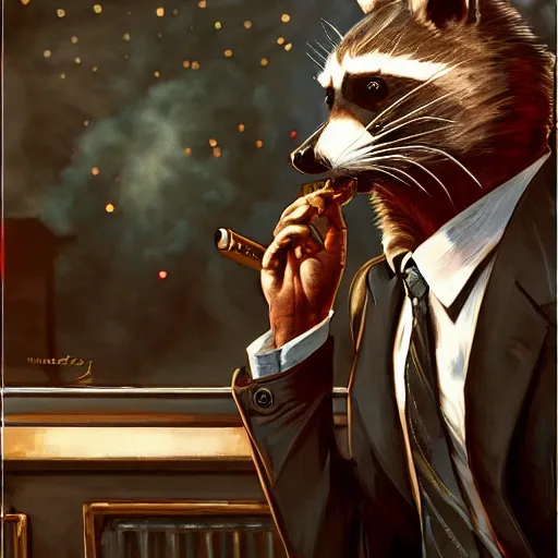 Image similar to a racoon wearing a suit smoking a cigar, dramatic lighting, cinematic, establishing shot, extremly high detail, photorealistic, cinematic lighting, artstation, style by James Gurney