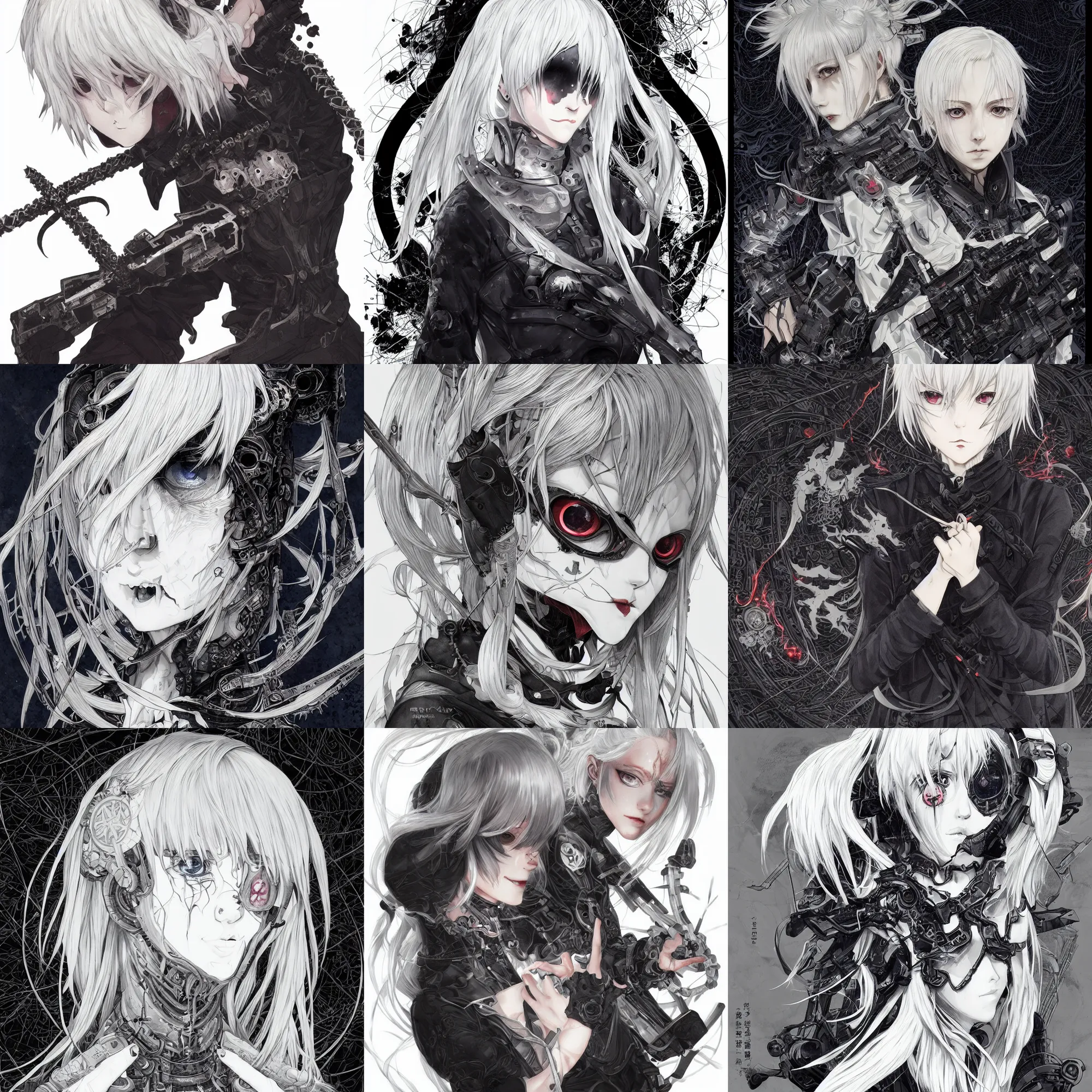 Prompt: techwear occultist, white hair hime cut, by kyoto animation, chaos magick, leviathan cross, female, beautiful, detailed symmetrical close up portrait, intricate complexity, in the style of artgerm and takato yamamoto, cel shaded