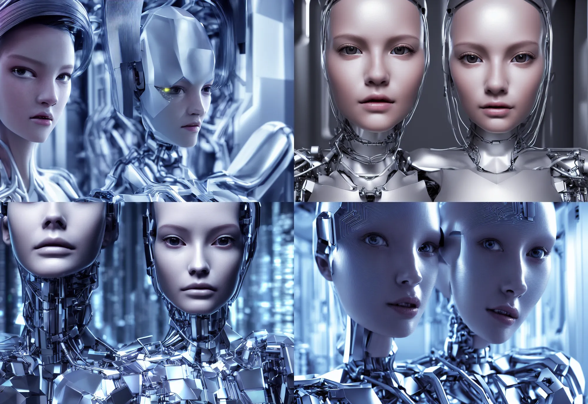 Prompt: hyper realistic android princess closeup, beautiful symmetric human face and cyborg bodyin data center, in detailed data center, in realistic data center, whole body, whole figure, character design, proportional human body, stylish, awesome composition rules, cinematic realistic, detailed, composition, hyper realistic, extreamly detailed octane render 8 k by ex - machina, by cyberpunk