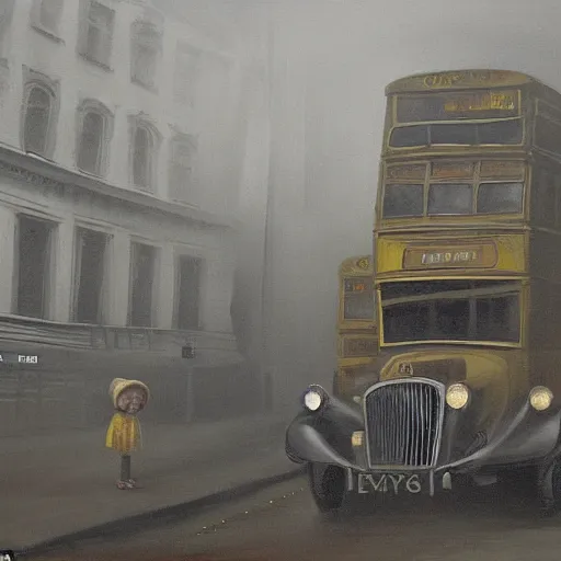 Prompt: on a dark winter's day, when the yellow fog hung so thick and heavy in the streets of London that the lamps were lighted and the shop windows blazed with gas as they do at night, an odd-looking little girl sat in a cab with her father and was driven rather slowly through the big thoroughfares , oilpaint, insane details, 8k