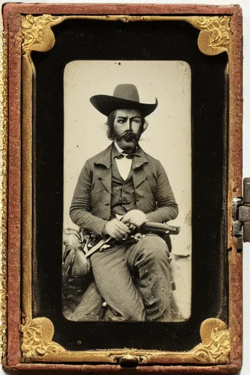 Prompt: daguerreotype of a mexican gunslinger and gambler with a handlebar moustache from the wild west
