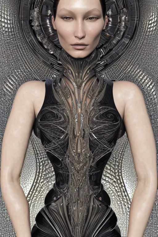 Prompt: a highly detailed portrait of a beautiful alien woman goddess bella hadid in iris van herpen dress in diamonds and fractals in style of alphonse mucha art nuvo dmt trending on artstation made in unreal engine 4