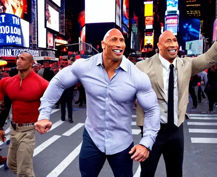 Image similar to dwayne the rock johnson and Adam Sandler on Methamphetamine at Times Square, photograph by Alfred Eisenstaedt, 4K, dramatic lighting; high energy; Full mood; 4K 8K