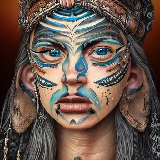 Image similar to a detailed portrait of desert warrior with face tattoos, fantasy art illustration, incredibly highly detailed and realistic, 8 k, sharp focus