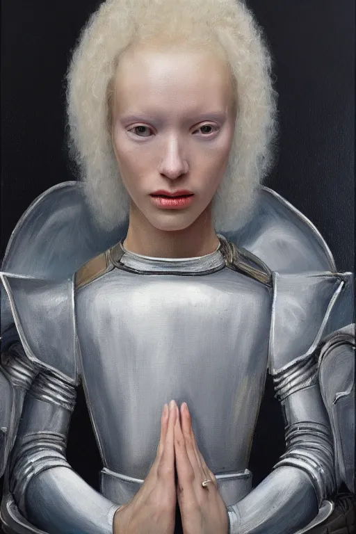 Image similar to hyperrealism oil painting, close - up portrait of albino medieval fashion model, knight, steel gradient mixed with nebula sky, in style of baroque