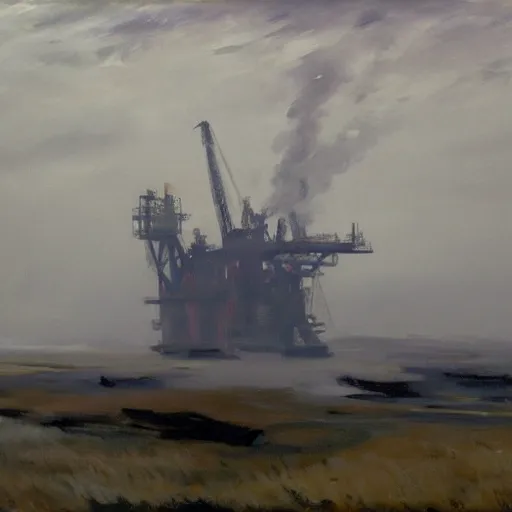 Prompt: on a foggy morning, stormy misty huge oil platform on the prairie, by john singer sargent, - w 1 0 2 4