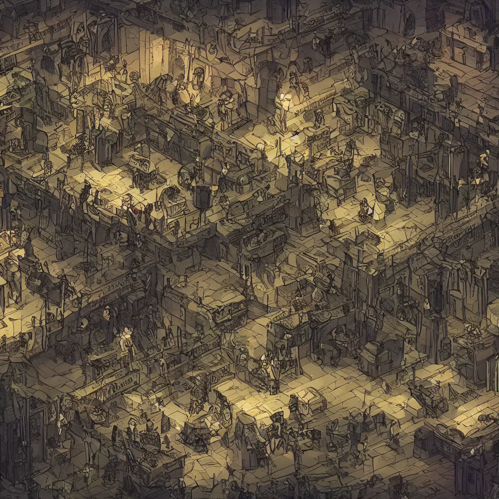 Image similar to An intensely bureaucratic villains lair with dozens of henchman doing paperwork, gridless DND map, 8k digital art, high quality,