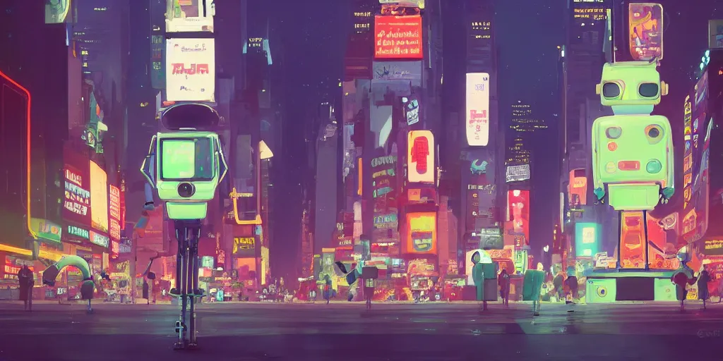 Image similar to cute cartoon robot in Times Square at night by Goro Fujita and Simon Stalenhag , 8k, trending on artstation, hyper detailed, cinematic