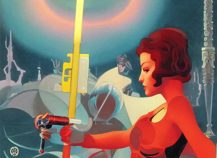 Image similar to the video game transistor's red with the transistor sword by ralph mcquarrie