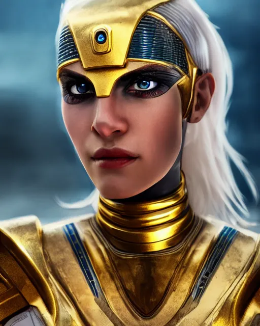 Prompt: girl in egypt, egyptian cyborg armor, white hair, scifi, futuristic, atmosphere, gold, detailed, intricate, desert, beautiful face, advanced technology, trending on artstation, blue eyes, 4 k, focused, extreme details, cinematic, masterpiece, by akihito tsukushi