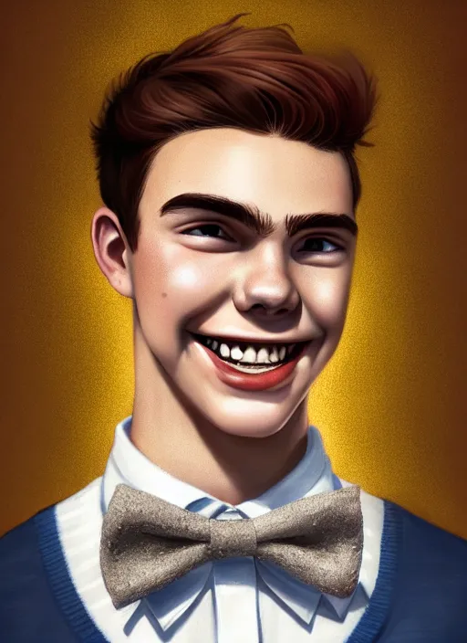 Image similar to portrait of teenage archie andrews, freckles, curly middle part haircut, curly hair, middle part hairstyle, smiling kindly, wearing a bowtie and sweater vest, intricate, elegant, glowing lights, highly detailed, digital painting, artstation, concept art, smooth, sharp focus, illustration, art by wlop, mars ravelo and greg rutkowski