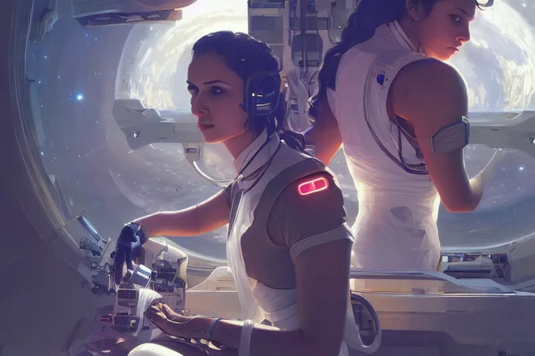 Image similar to Sensual beautiful female pale young Indian doctors wearing Deus Ex Human Revolution clothing in a space station above Earth, portrait, elegant, intricate, digital painting, artstation, concept art, smooth, sharp focus, illustration, art by artgerm and greg rutkowski and alphonse mucha