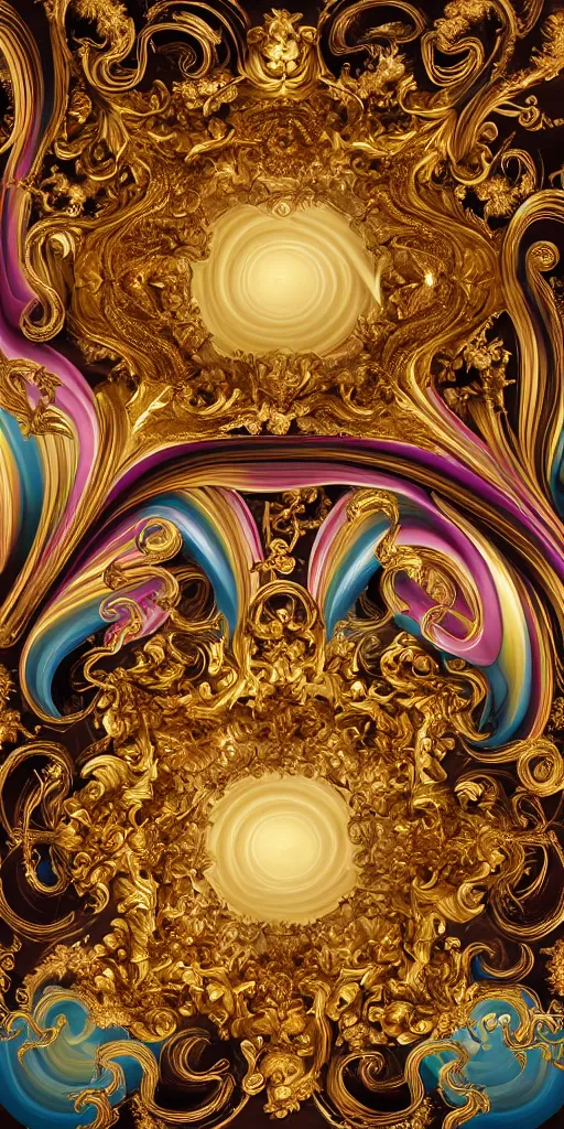 Image similar to the source of future growth dramatic, elaborate emotive Golden Baroque and Rococo styles to emphasise beauty as a transcendental, seamless pattern, symmetrical, large motifs, sistine chapel ceiling, 8k image, supersharp, rococo spirals and baroque swirls, white smoke and rainbow ink dropping in water, Gold black and rainbow colors, perfect symmetry, 3D, no blur, sharp focus, photorealistic, insanely detailed and intricate, cinematic lighting, Octane render, epic scene, 8K