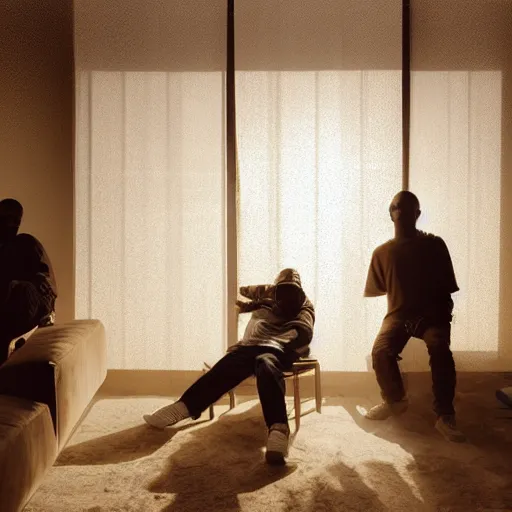 Prompt: gang members chilling around dirty couch in a beige room thick volumetric dust god rays shines through the blinds kinda atmosphere jonathan zawada style photography
