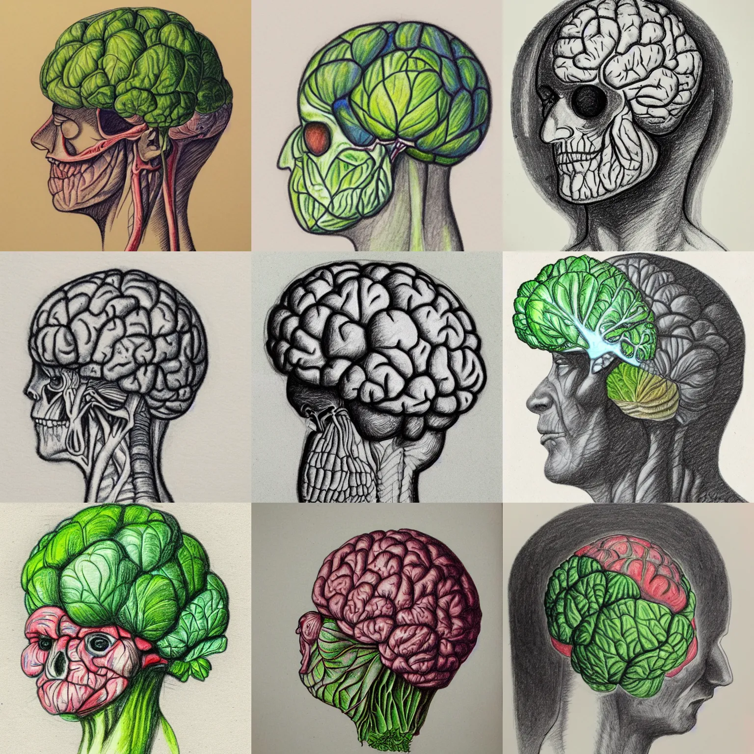 Prompt: sketch of a man with a cabbage brain, gazing down, anatomical diagram, colored pencil
