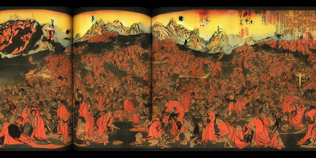 Image similar to Dante's Inferno, by Utagawa Kuniyoshi, dramatic lighting, high contrast colors, panoramic view, as trending on Artstation,