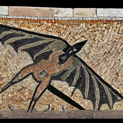 Prompt: medium shot Mosaic depicting a bat, from Italica, AD 176-275. Archaeological Museum, Seville.