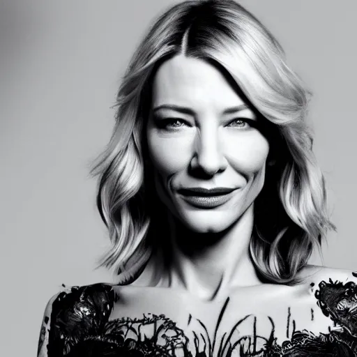 Image similar to high resolution portrait of cate blanchett with full body tattoo , highly detailed, photorealistic, 4k