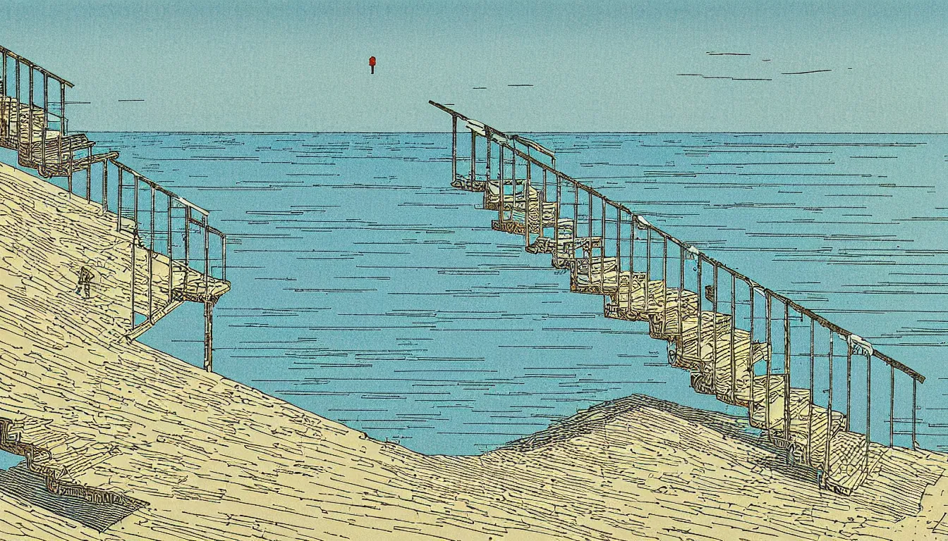 Image similar to stairs down to the beach by woodblock print, moebius