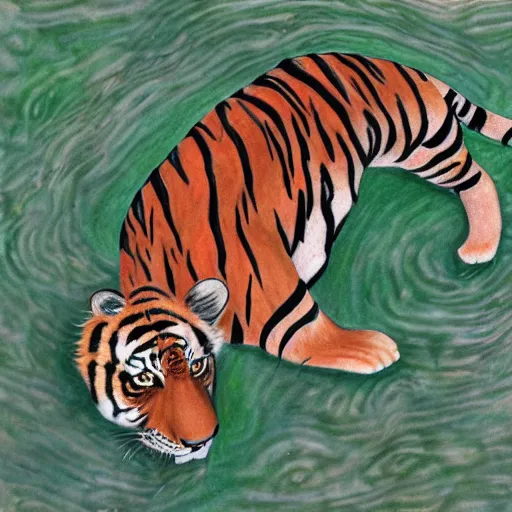 Image similar to drawing of a tiger cubs floating upside down in a pond of black oil, red ballpoint pen, outsider art style