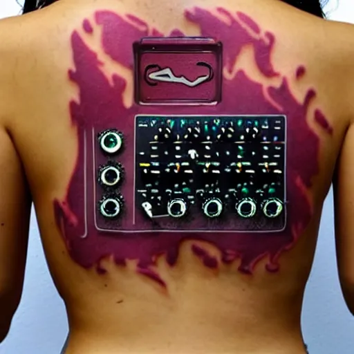 Image similar to sp - 4 0 4 audio mixer in the style of tattoo along female lower back