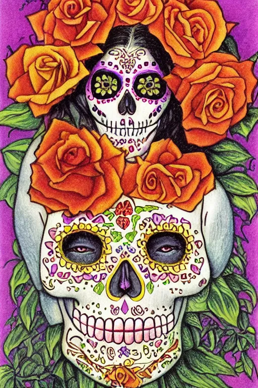 Image similar to Illustration of a sugar skull day of the dead girl, art by edward robert hughes