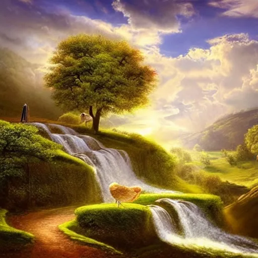 Image similar to a royal landscape, sumptuous, outstanding beauty, hills trees, stream, clouds, birds, sun rays, dramatic, ecstatic, surrealism