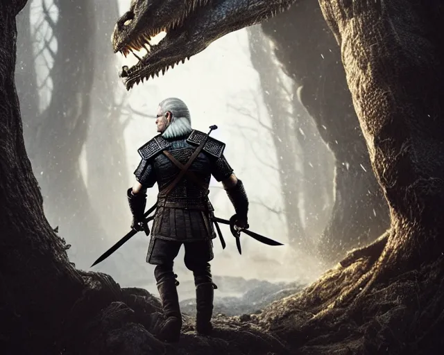 Image similar to 5 5 mm portrait photo of geralt fighting a hydra. magical atmosphere. art by greg rutkowski. highly detailed 8 k. intricate. lifelike. soft light. nikon d 8 5 0.