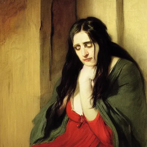 Prompt: vivid by edwin henry landseer. a beautiful conceptual art. her cell is as bare as mine. she is sitting in the middle, hugging her knees, wrapped in a toga - like garment.