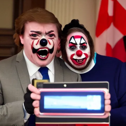 Image similar to a president with bulldog mouth and clown makeup taking a selfie in a podium next to an angry first minister