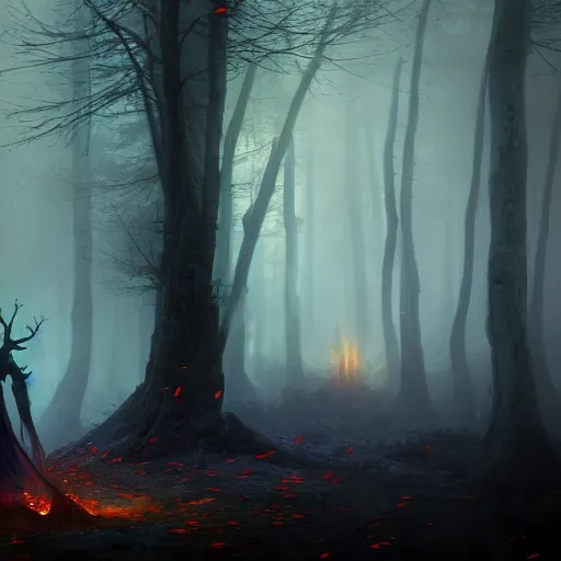 Prompt: cinematic shot, dark hooded mage ( spectre ) using his magic ultimate in the dead forest with leaves falling, symmetrical, 8 k, atmospheric, realistic, made by ivan aivazovsky, peter mohrbacher, greg rutkowski, volumetric light, broad light, fantasy art, sci - fi art, details visible, unreal engine, octane render