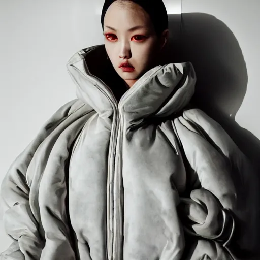 Image similar to well lit fashion shoot portrait of extremely beautiful female marble statue wearing huge over size puffer jacket by dingyun zhang, yeezy, balenciaga, vetements, a cold wall, sharp focus, clear, detailed,, cinematic, detailed, off white, glamourous, symmetrical, vogue, editorial, fashion, magazine shoot, glossy