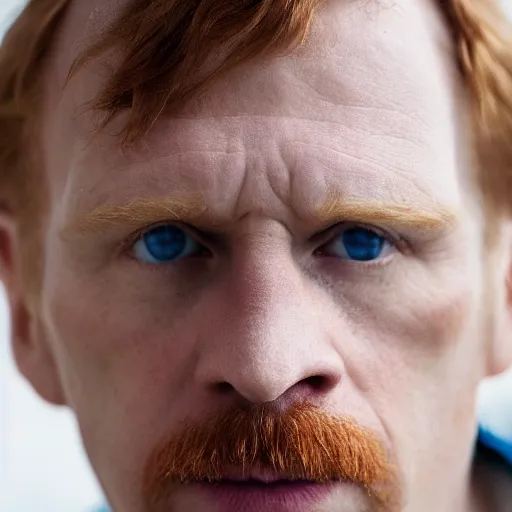 Image similar to color portrait of a middle aged balding blue eyed ginger white male model By Emmanuel Lubezki