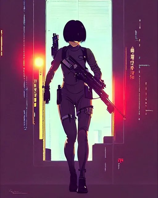 Image similar to girl wearing in tactical gear | | audrey plaza, fine detail!! anime!! realistic shaded lighting!! dramatic!! poster by ilya kuvshinov katsuhiro otomo ghost - in - the - shell, magali villeneuve, artgerm, jeremy lipkin and michael garmash and rob rey