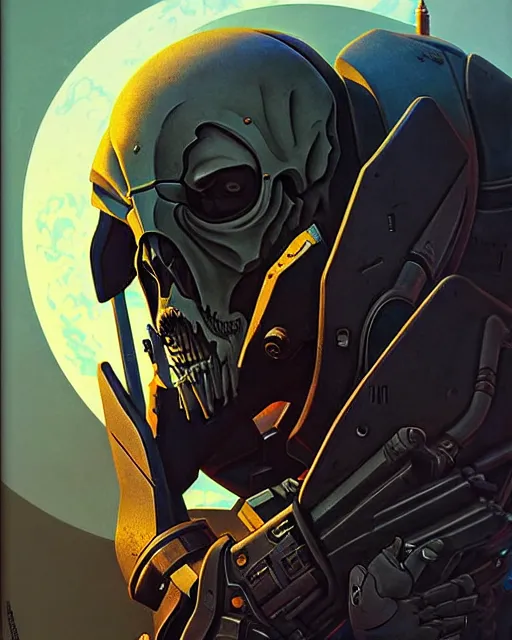 Image similar to reaper from overwatch, character portrait, portrait, close up, concept art, intricate details, highly detailed, vintage sci - fi poster, retro future, in the style of chris foss, rodger dean, moebius, michael whelan, and gustave dore