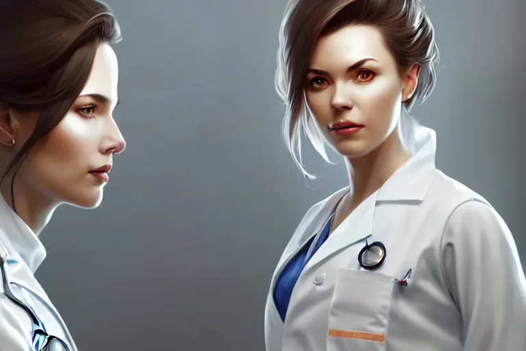 Image similar to a elegant and beautiful female doctor in a white coat in a clinic, cinematic, highly detailed, digital painting, artstation, concept art, matte, sharp focus, illustration, art by artgerm and greg rutkowski