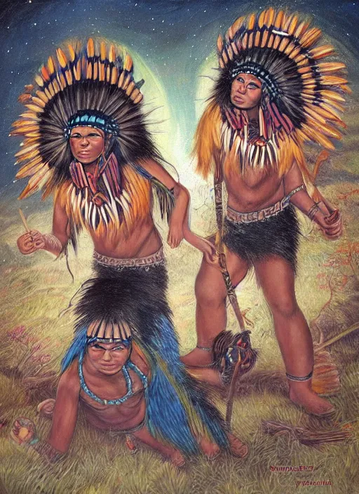 Image similar to two indigenous people working together, fantasy art